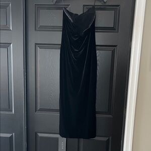 Astr Black Strapless Velvet Dress with Deep V Neckline
